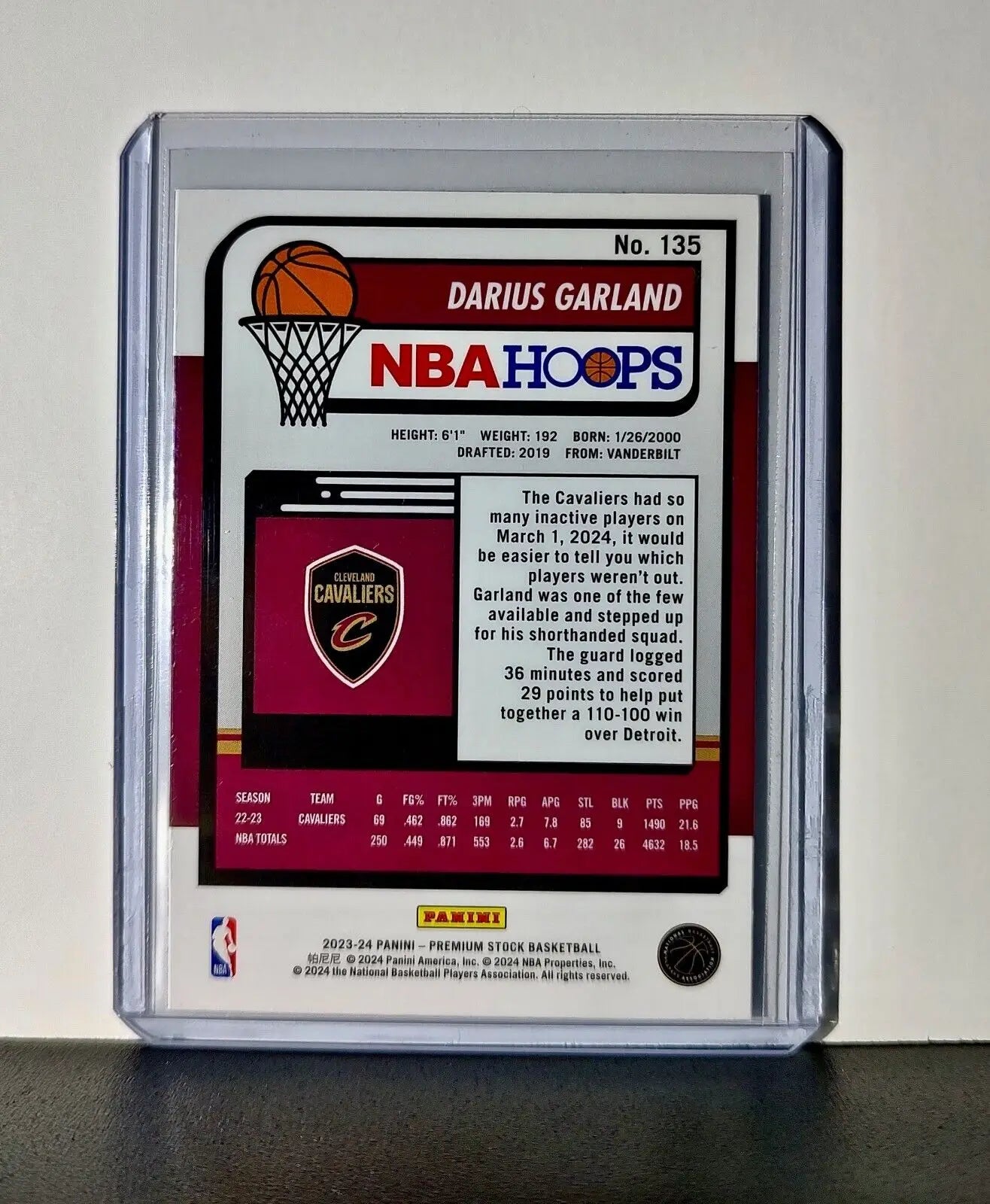 Darius Garland 2023-24 Panini Premium Stock NBA Hoops #135 Card Cavaliers
