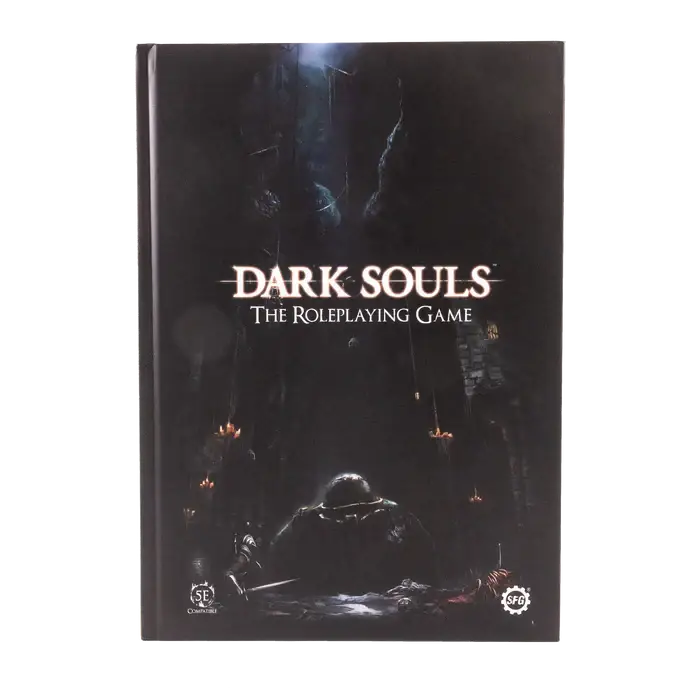 Dark Souls RPG core rulebook with dark cover and lone figure for roleplaying game
