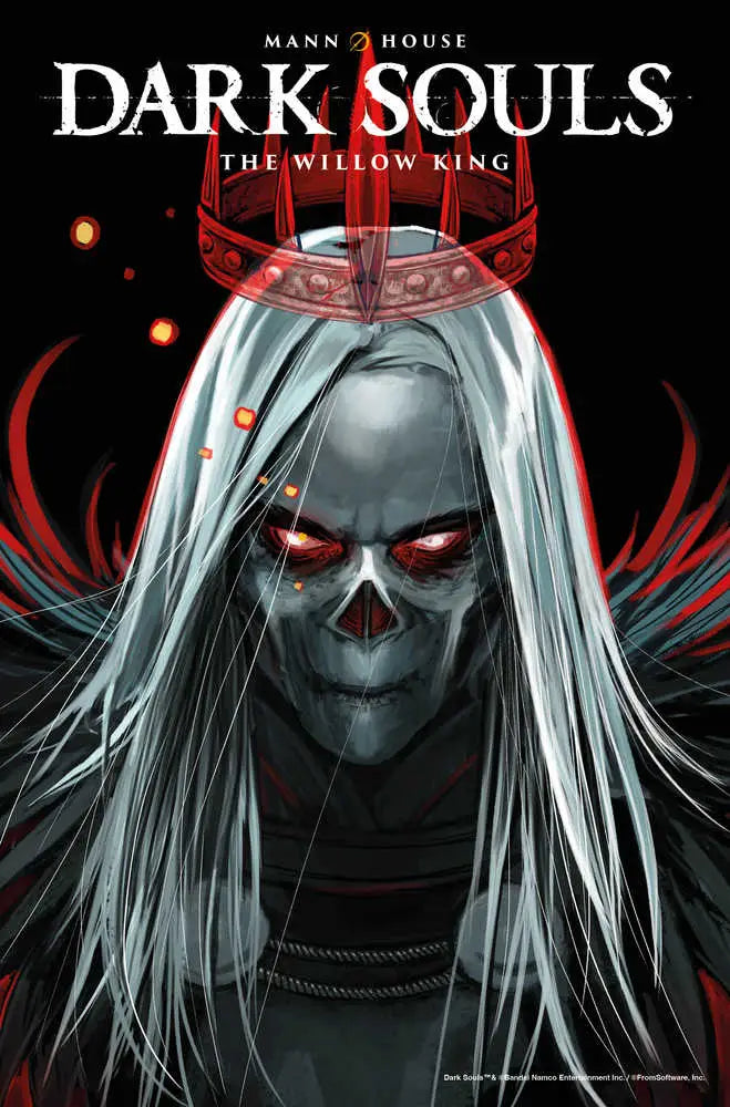 Menacing skull-faced figure with glowing red eyes, a crown from Dark Souls trading cards
