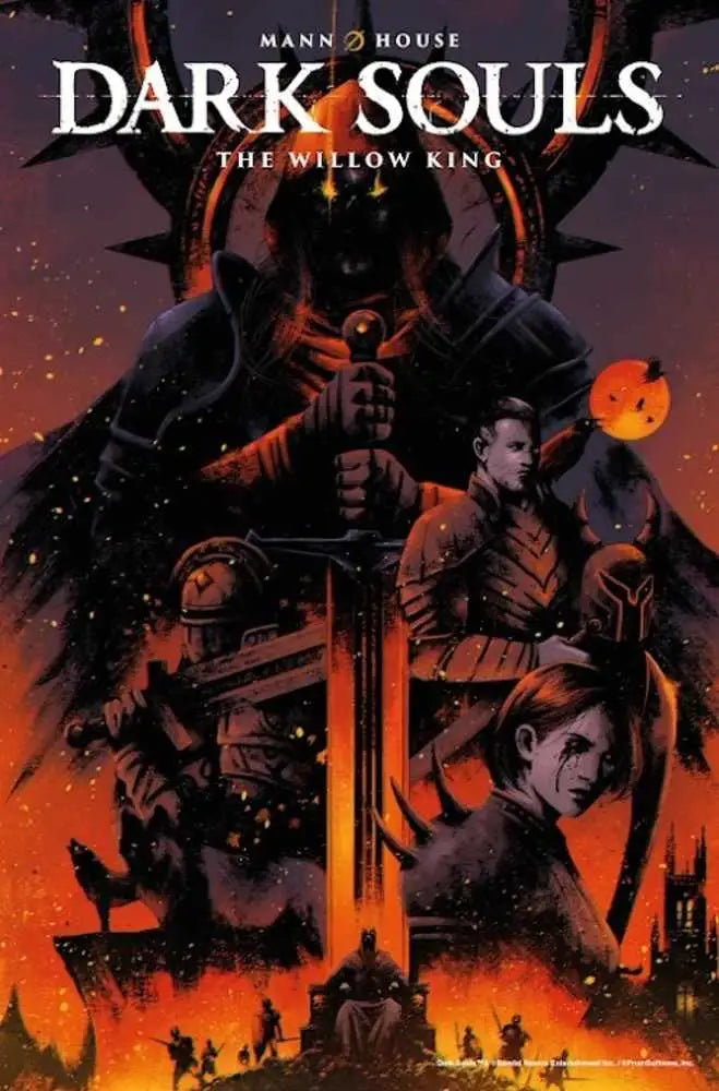 Dark Souls: The Willow King comic cover featuring armored warriors in flames