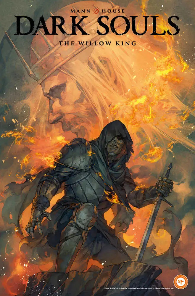 Hooded warrior in dark armor from Dark Souls trading cards against fiery backdrop