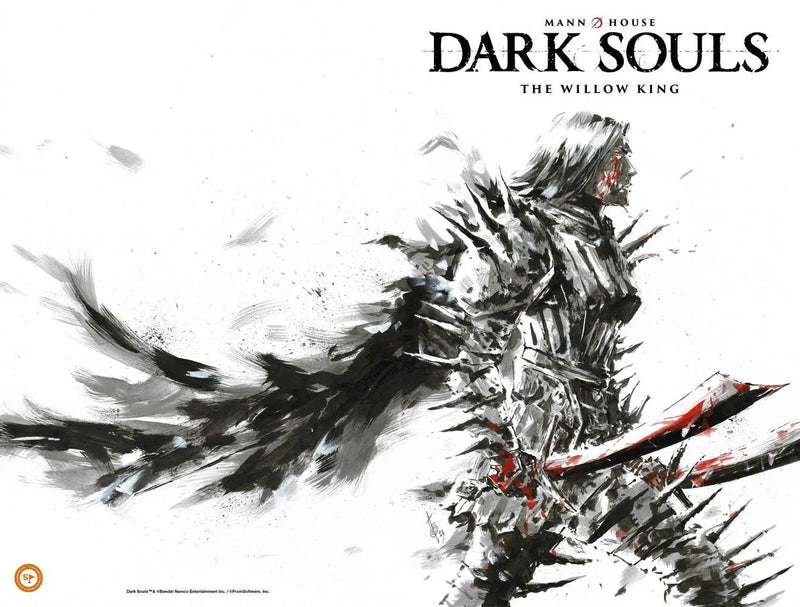 Dark armored warrior with blood-stained sword in Dark Souls trading cards artwork