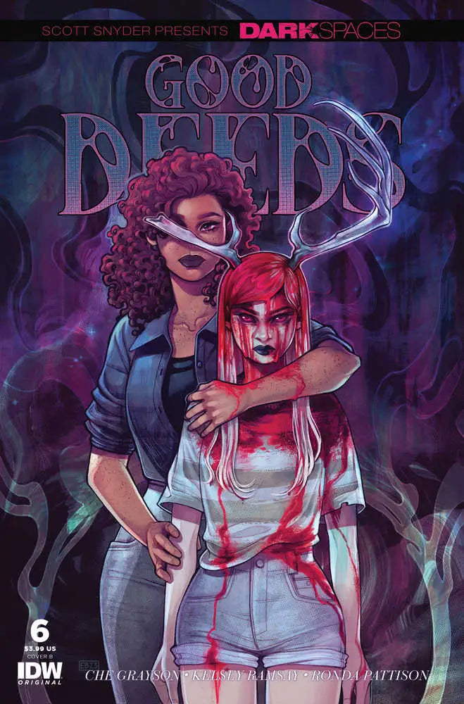 Comic book cover for Dark Spaces Good Deeds #6 with characters on a purple backdrop