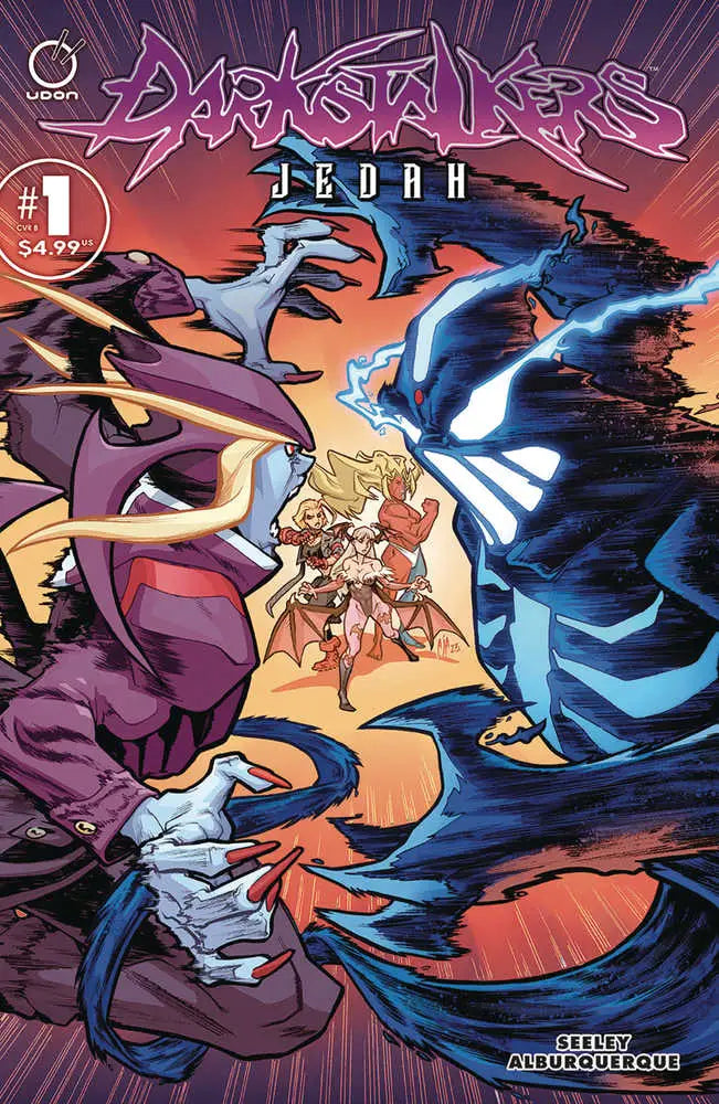 Dramatic comic book cover featuring Darkstalkers Jedah in vibrant purple and blue tones