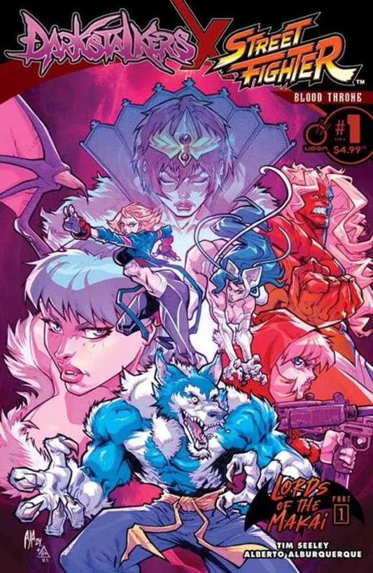 Comic book cover for Darkstalkers X Street Fighter Blood Throne #1 featuring vibrant artwork