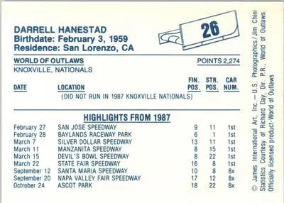 Darrell Hanestad - 1987 World of Outlaws - #26 - Racing - Racing Card Single