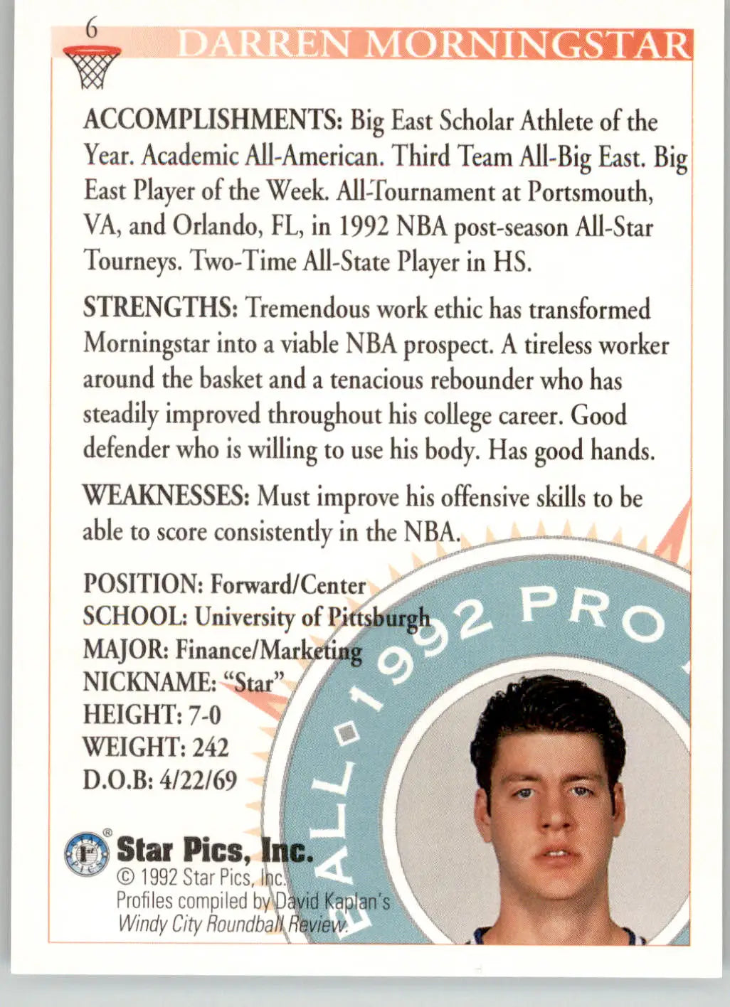 Darren Morningstar - 1992 Star Pics - #6 - Basketball - Basketball Card Single