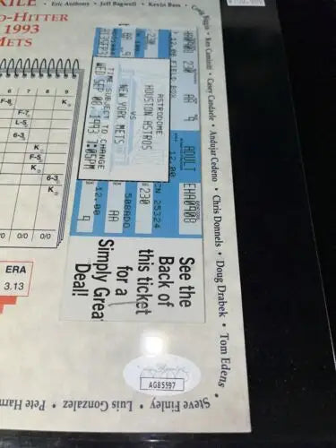 Framed sports memorabilia featuring Darryl Kile signed no-hitter ticket display for Astros