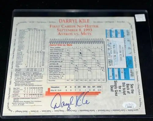 Signed Darryl Kile no-hitter scorecard in Houston Astros sports memorabilia display
