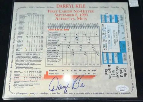 Darryl Kile signed no-hitter plaque in Houston Astros sports memorabilia display
