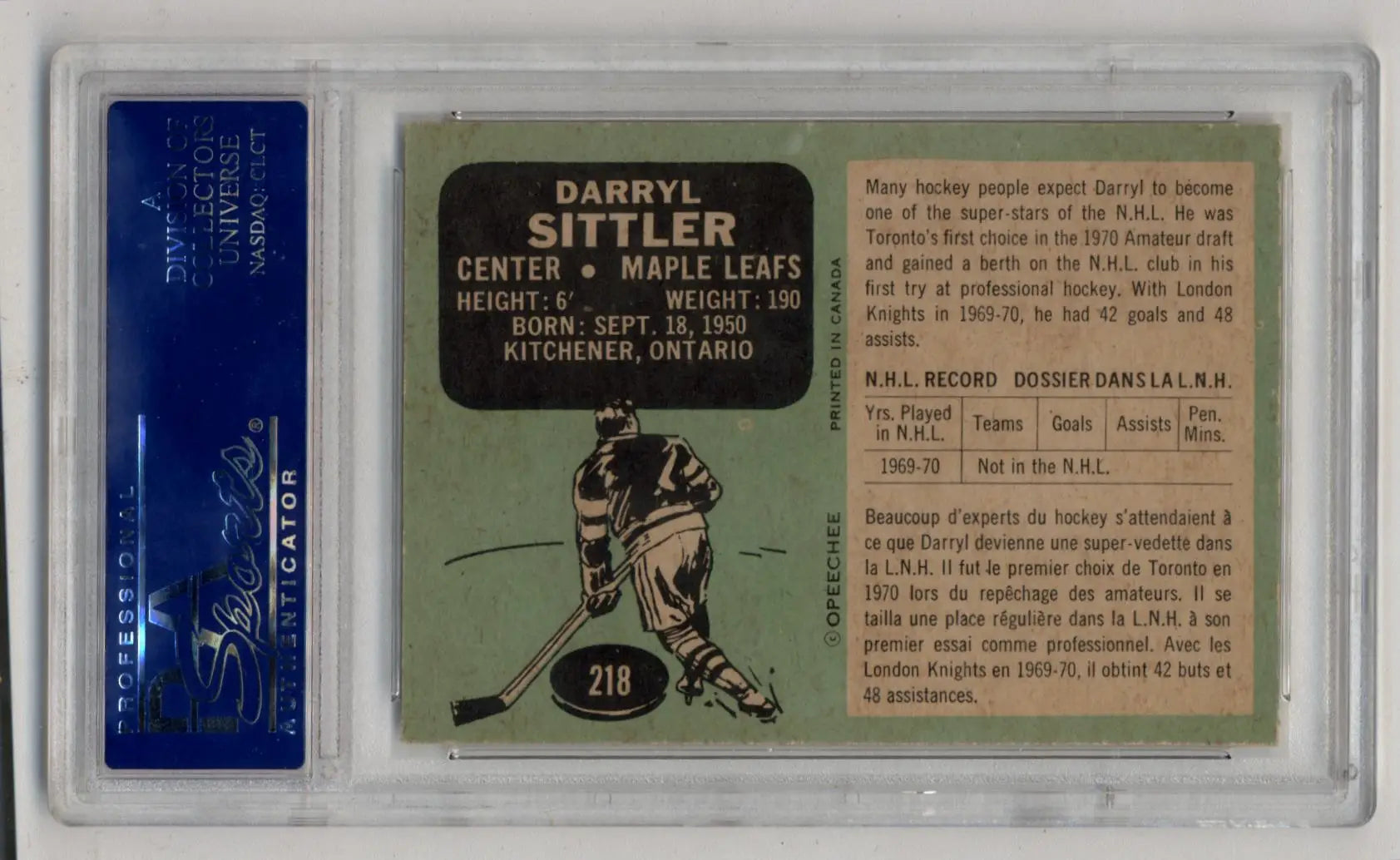 Darryl Sittler 1970-71 O-Pee-Chee #218 PSA 7 Near Mint 5254 - Hockey Card Single