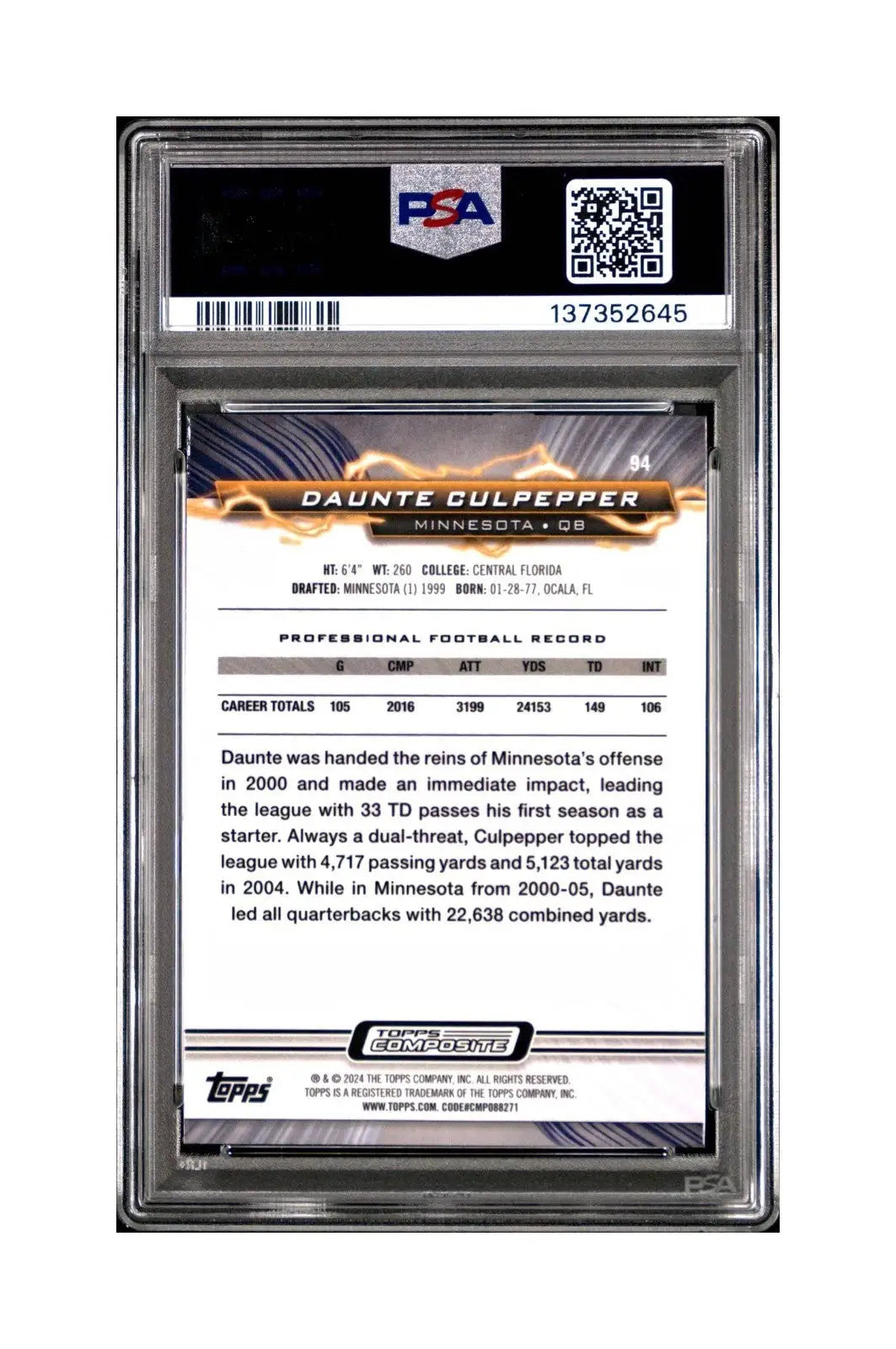 Daunte Culpepper 2023 Topps Resurgence #94 Blue and Orange Spark PSA 10 Gem Mint