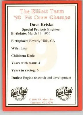 Dave Kriska - 1991 Maxx The Bill Elliott Team - #NNO - Racing - Racing Card Single