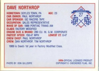 Dave Northrop - 1989 Checkered Flag IHRA - #27 - Racing - Racing Card Single