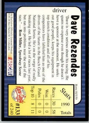 Dave Rezendes - 1991 Maxx - #133 - RC Racing - Racing Card Single