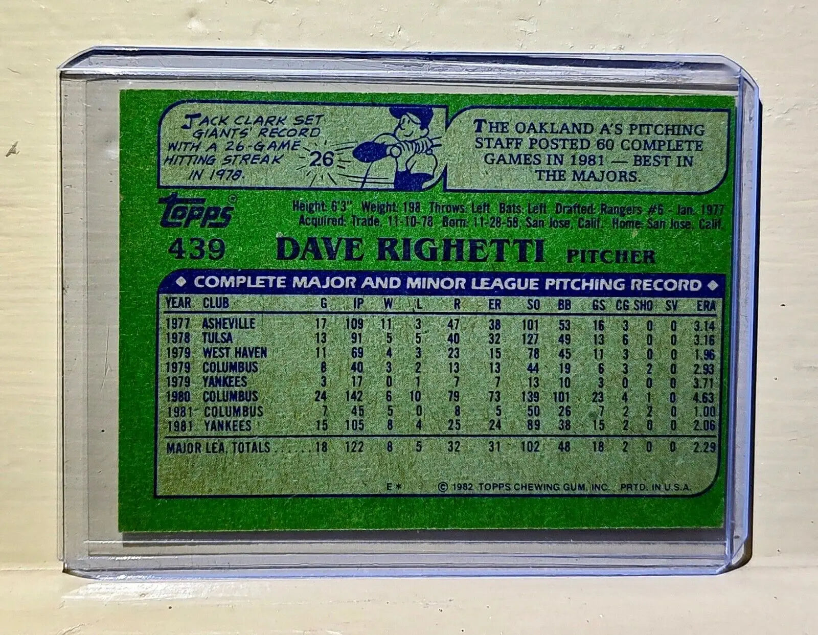 Dave Righetti 1982 Topps MLB #439 Baseball Card New York Yankees - Baseball Card Single