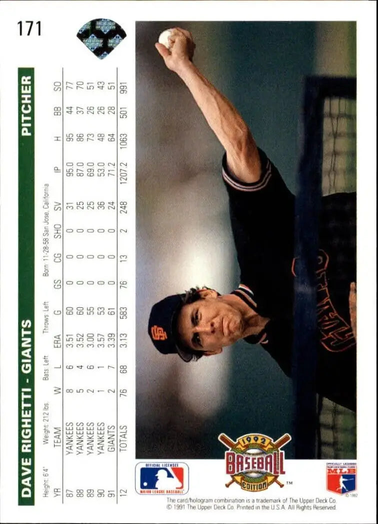 Dave Righetti 1992 Upper Deck MLB #171 Baseball Card San Francisco Giants - Baseball Card Single