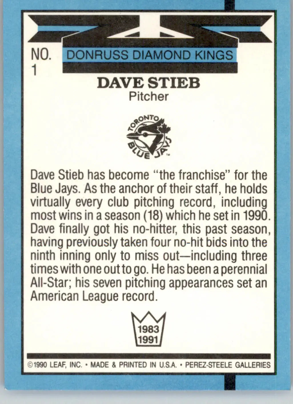 Dave Stieb - 1991 Donruss - #1 - Baseball - Baseball Card Single