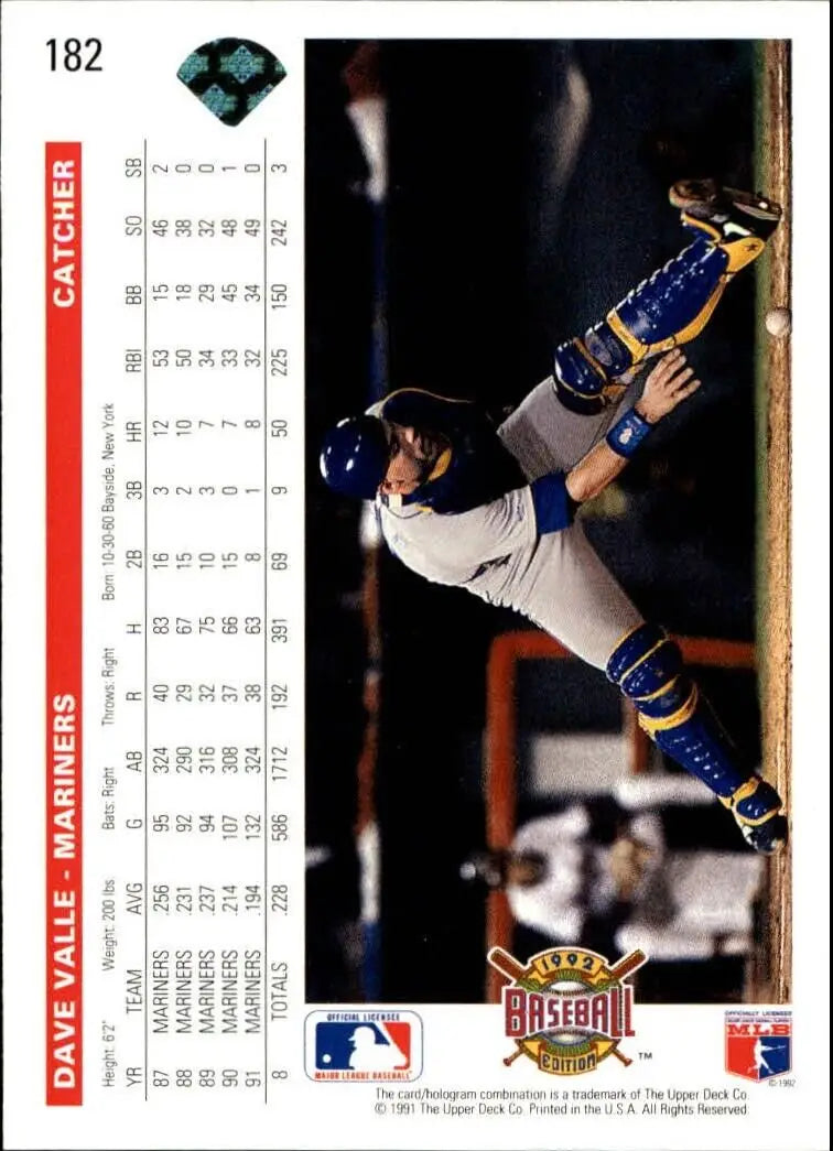 Dave Valle 1992 Upper Deck MLB #182 Baseball Card Seattle Mariners - Baseball Card Single