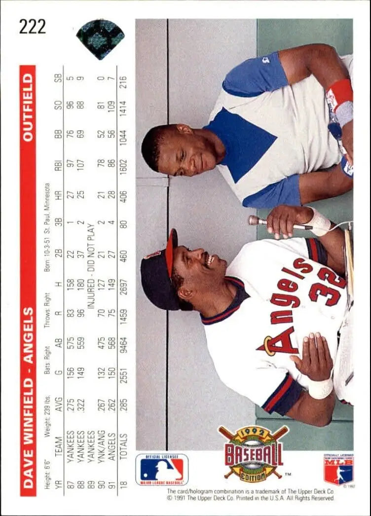 Dave Winfield 1992 Upper Deck MLB #222 Baseball Card California Angels - Baseball Card Single