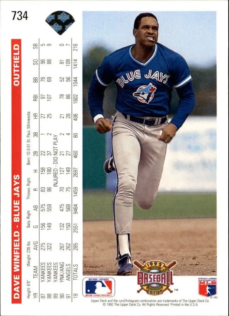 Dave Winfield 1992 Upper Deck MLB #734 Baseball Card Toronto Blue Jays - Baseball Card Single