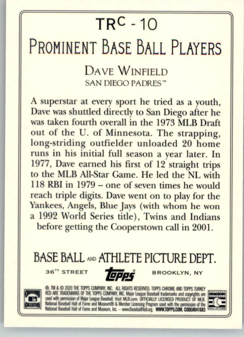 Dave Winfield - 2020 Topps Update - #TRC-10 - Turkey Red 2020 Chrome Baseball - Baseball Card Single