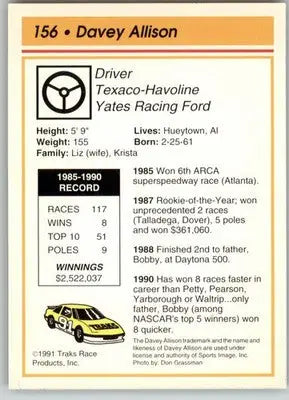 Davey Allison - 1991 Traks - #156 - Racing - Racing Card Single