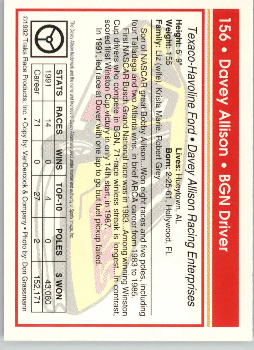 Davey Allison - 1992 Traks - #156 - Racing - Racing Card Single