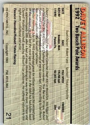 Davey Allison - 1993 Action Packed - #21 - Racing - Racing Card Single