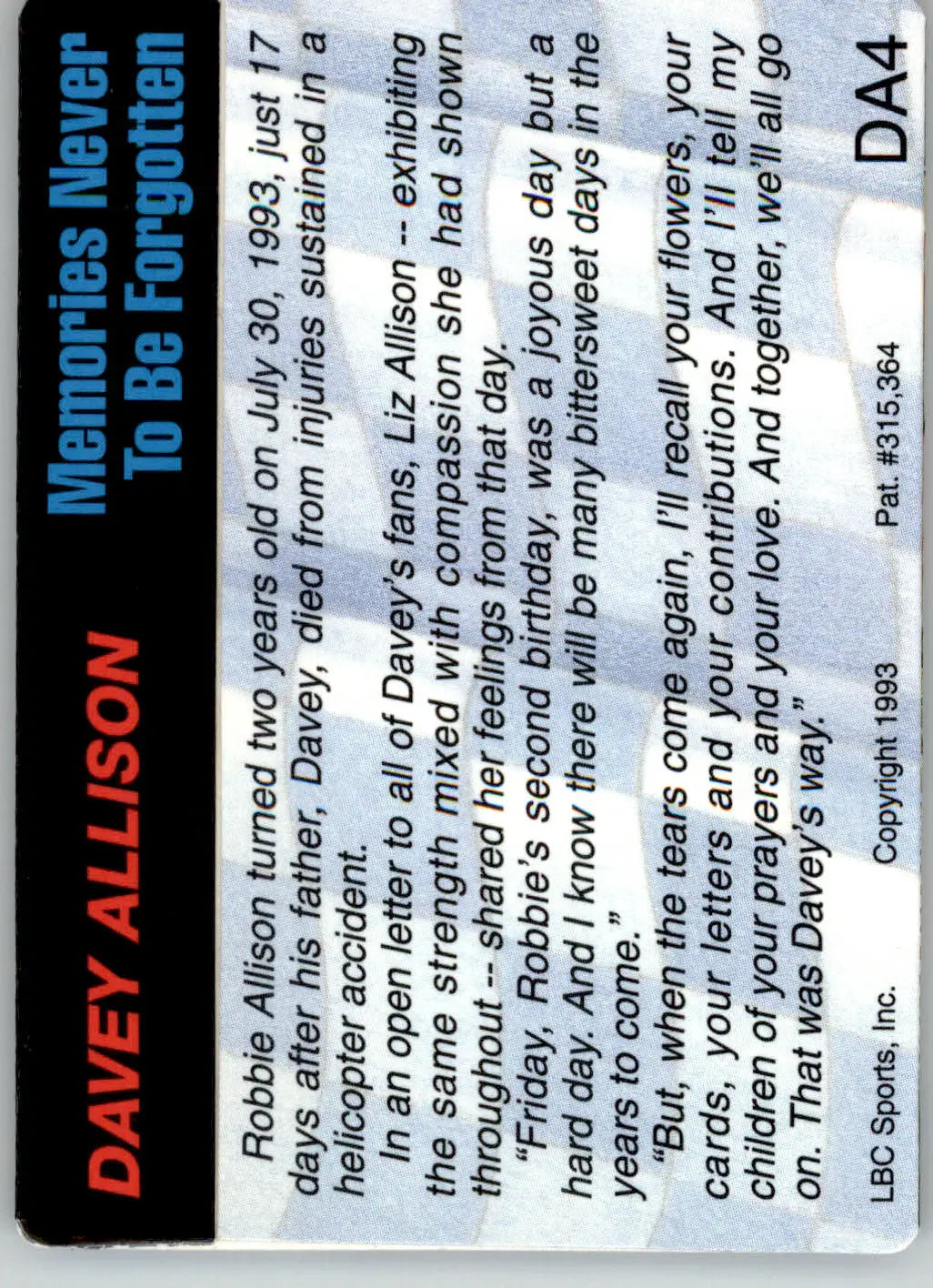 Davey Allison - 1993 Action Packed - #DA4 - Davey Allison Racing - Racing Card Single
