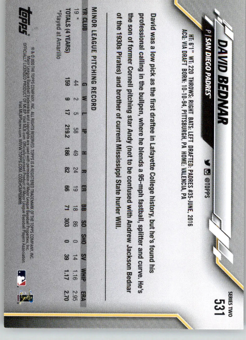 David Bednar - 2020 Topps - #531 - RC Gold Star Baseball - Baseball Card Single