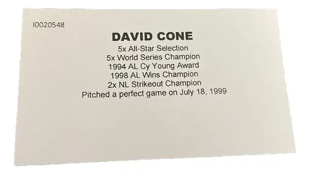 Informational card showcasing David Cone’s achievements with autographed baseball details