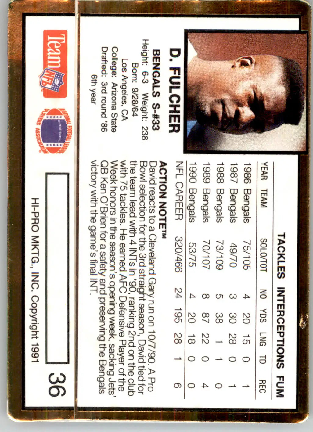 David Fulcher - 1991 Action Packed - #36 - Football - Football Card Single
