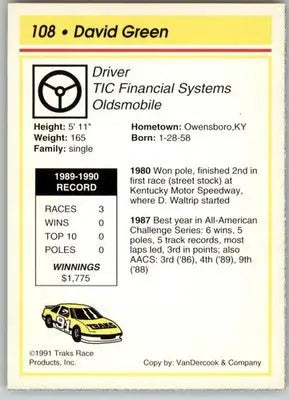 David Green - 1991 Traks - #108 - RC Racing - Racing Card Single