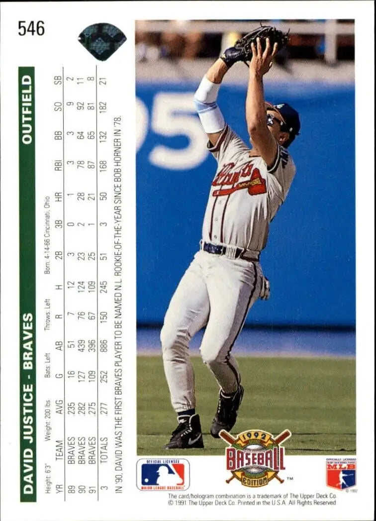 David Justice 1992 Upper Deck MLB #546 Baseball Card Atlanta Braves