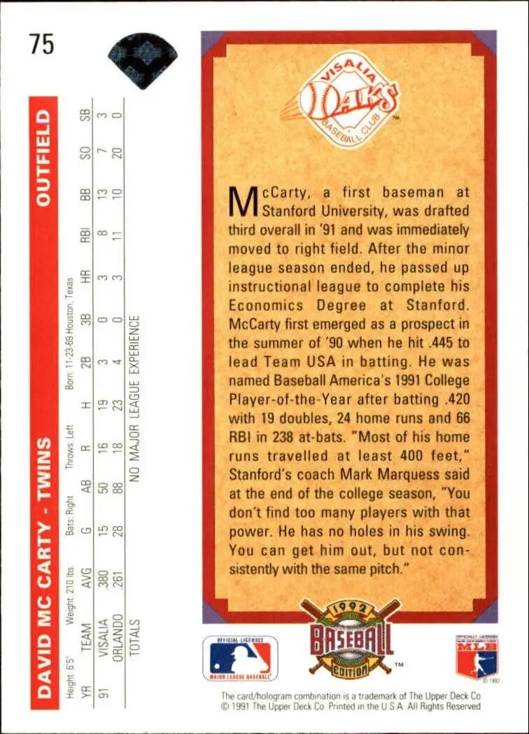 David McCarty 1992 Upper Deck MLB #75 Rookie Baseball Card Minnesota Twins - Baseball Card Single