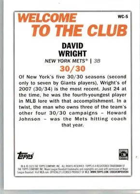 David Wright - 2023 Topps - #WC-5 - Welcome to the Club Baseball - Baseball Card Single