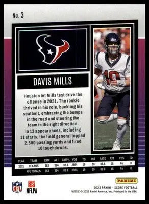 Davis Mills 2022 Score #3 Houston Texans - Football Card Single