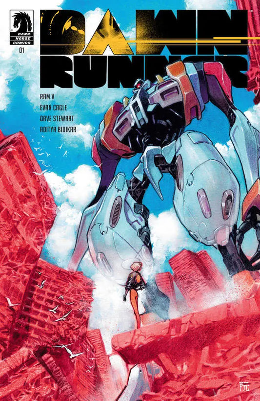 Sleek mecha robot on Dawnrunner #1 cover, perfect for trading cards collectors