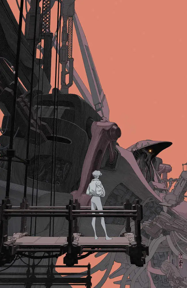 Lone figure on platform with industrial backdrop in Dawnrunner #1 by Evan Cagle