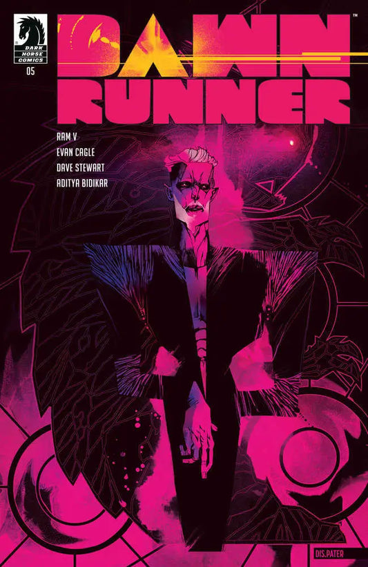 Dawn Runner cover C display featuring a neon silhouetted figure in pink and purple