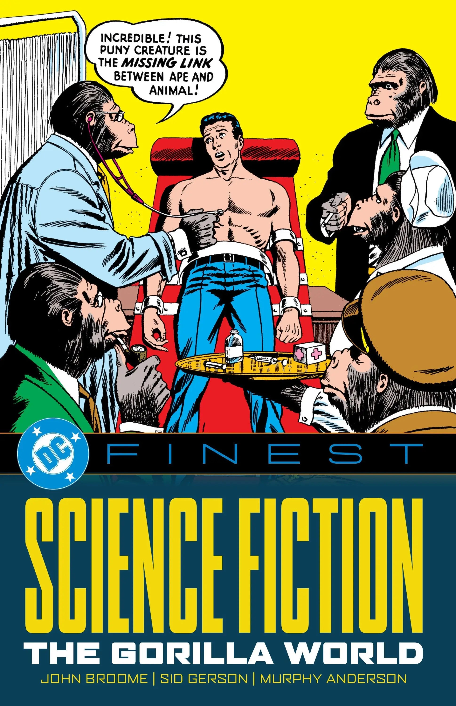Comic book cover of gorilla world with gorillas examining a human from DC Finest Science Fiction