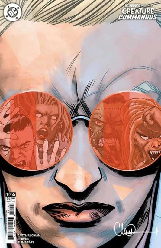 Round red sunglasses reflect Creature Commandos portraits on a smiling wearer