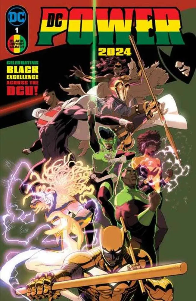 Comic book cover with DC superheroes in action, featuring POWER 2024 and art by Chase Conley