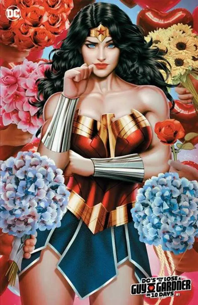 Superhero in red, blue, and gold costume among flowers from DC’s How To Lose A Guy Gardner In 10 Days variant