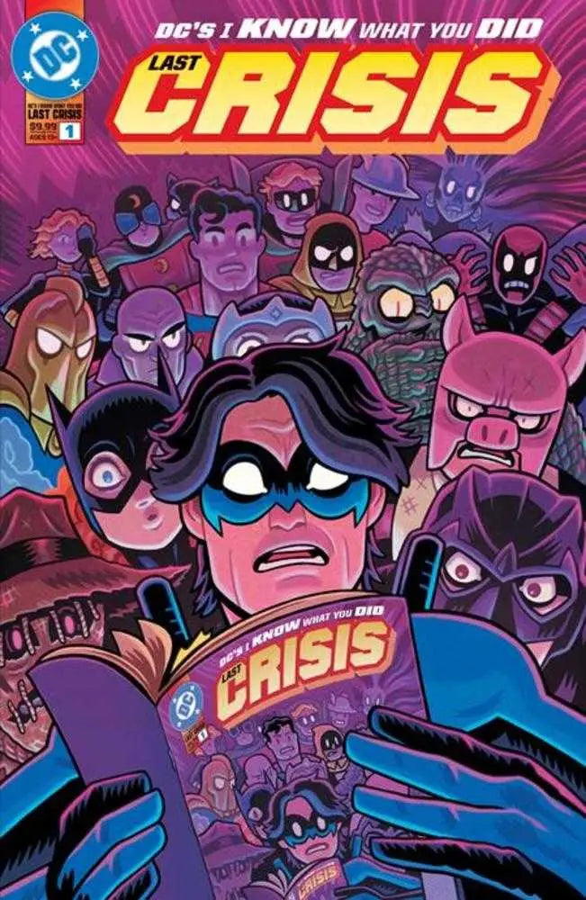 Comic book cover featuring a distressed superhero amidst eight chilling faces