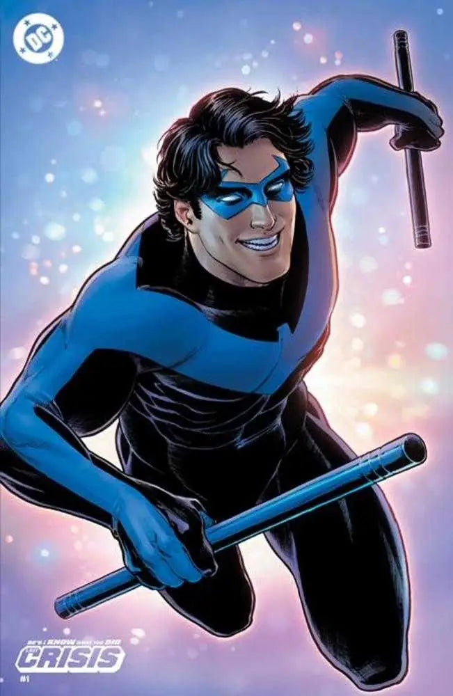 Superhero in blue and black costume with dual fighting sticks from DC’s eight chilling tales