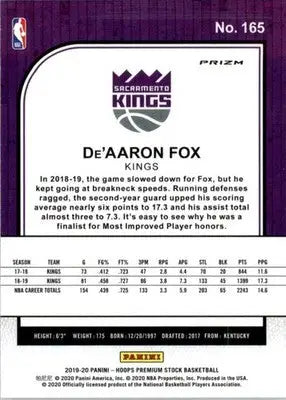 De’Aaron Fox - 2019-20 Hoops Premium Stock - #165 - Prizms Silver Basketball - Basketball Card Single
