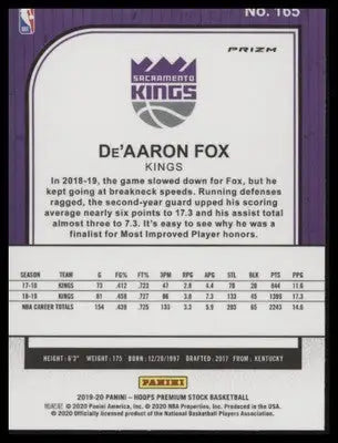 De’Aaron Fox 2019-20 Hoops Premium Stock Prizms Silver #165 Sacramento Kings - Basketball Card Single