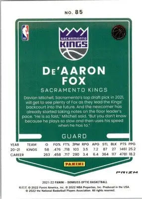 De’Aaron Fox - 2021-22 Donruss Optic - #85 - Holo Basketball - Basketball Card Single